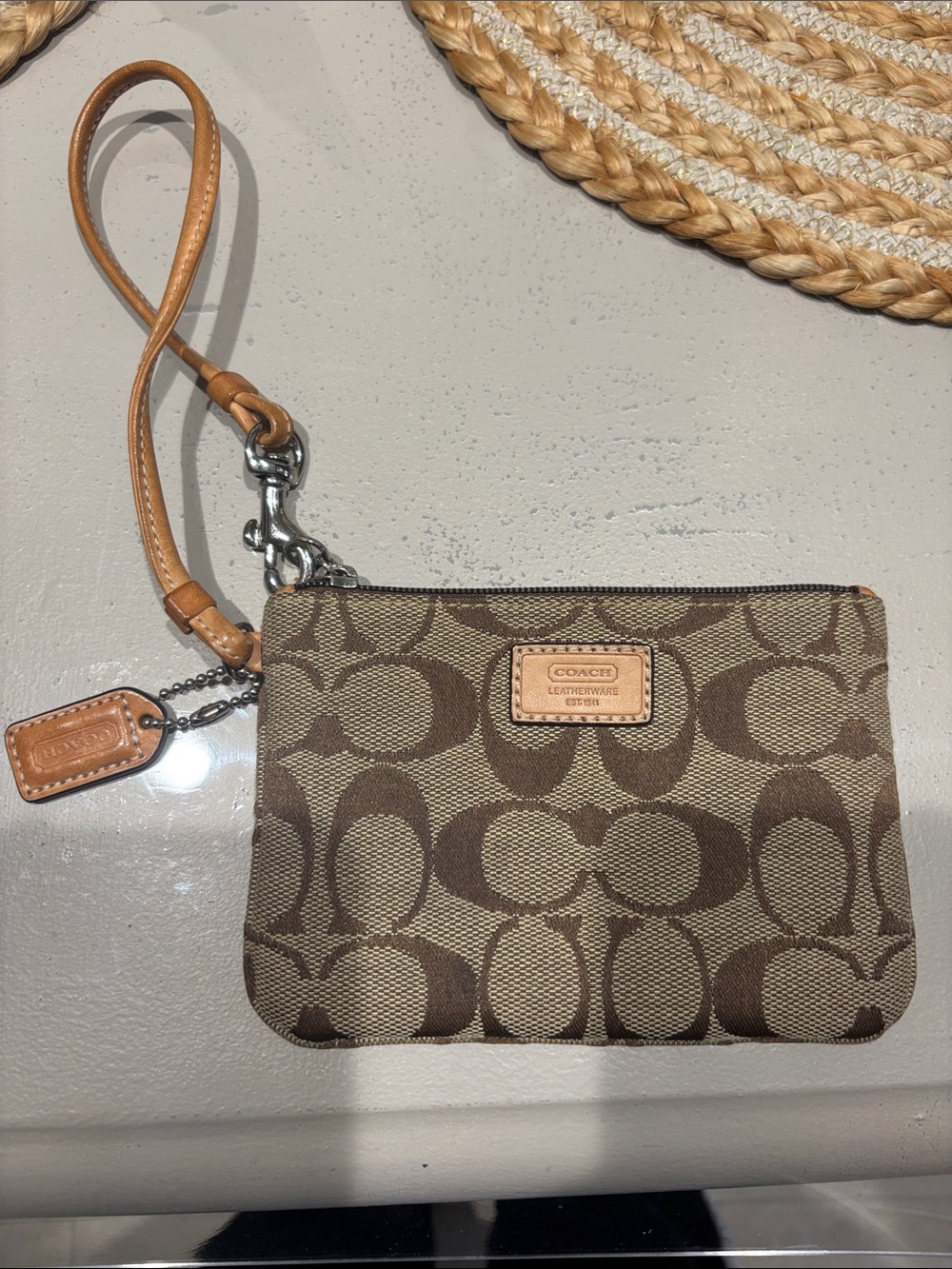 Coach Brown/Tan Signature Canvas Wristlet with Leather Strap